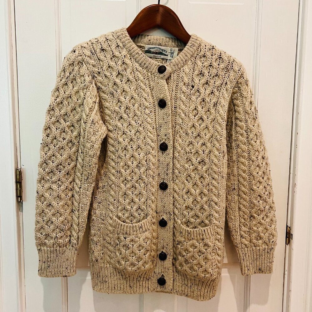 Aran Crafts Cardigan Oatmeal 100% Wool Cable Knit Sweater Pockets Ireland XS